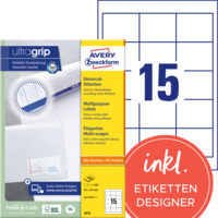Universal-Etiketten, A4 mit ultragrip, Adressaufkleber, 64 x 50 mm, 100 Bogen/1.500 Etiketten, weiß