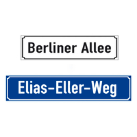 Anwendungsbeispiel: Straßennamenschild aus Aluminium, geprägt, weiß-schwarz (Art. 11.5876), blau-weiß (Art. 11.5879)