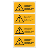 Warnschild 74 x 37 mm, Vor Öffnen des Gerätes Netzstecker ziehen., Warnung elektrische Spannung, Polyesteretiketten, 100 Warnaufkleber