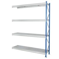Heavy duty wide span shelving with steel shelf panels
