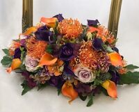 Artificial Protea / Rose / Calla Lily Top Table Arrangement - 55cm, Oranges and Purples