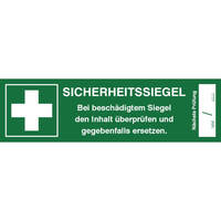 Sicherheitssiegel für Erste Hilfe Koffer, 10,5 x 3,0cm, 5 Stk / Bogen DIN EN ISO 7010 E003 + Zusatztext ASR A1.3 E003 + Zusatztext
