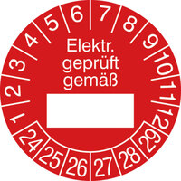 Prüfplakette, Elektr. geprüft gemäß, in Jahresfarbe, 500 Stück / Rolle, 2,5 cm Version: 24-29 - Prüfplakette 2024-2029