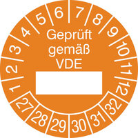 Prüfplaketten - Geprüft gemäß VDE, in Jahresfarbe,15 Stk/Bogen,selbstklebend, 2,5cm Version: 27-32 - Prüfplakette - Geprüft gemäß VDE 27-32