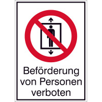 Kombischild, Beförderung von Personen verboten, Kunststoff, 21,0 x 29,7cm DIN EN ISO 7010 P027 + Zusatztext ASR A1.3 P020 + Zusatztext
