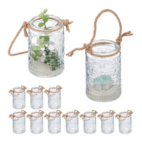 Relaxdays Windlicht, 12er Set, Glas mit Henkel, innen & außen, 10,5 x 7 cm, Hochzeit Teelichthalter, transparent/braun
