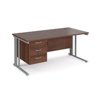 Maestro 25 straight desk 1600mm x 800mm with 3 drawer pedestal - silver cable managed leg frame, walnut top