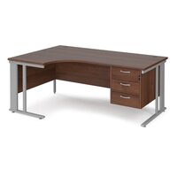 Maestro 25 left hand ergonomic desk 1800mm wide with 3 drawer pedestal - silver cable managed leg frame, walnut top