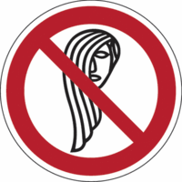 Sicherheitskennzeichnung - Bedienung mit langen Haaren verboten, Rot/Schwarz