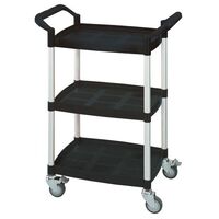 Three tier plastic utility tray trolleys with open sides and ends, mini with 3 shelves, black