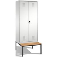 EVOLO cloakroom locker, doors close in the middle, with bench
