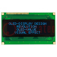 Display: OLED; alphanumeric; 20x4; Dim: 98x60x10mm; blue; PIN: 16