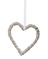 Woven Decorative Heart With Ribbon - 30cm x 25cm x 2.5cm, White