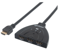 Manhattan 4K 3-Port HDMI-Switch, 4K@60Hz, Stromversorgung über USB, integriertes Kabel, schwarz