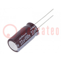 Capacitor: electrolytic; THT; 22uF; 450VDC; Ø12.5x25mm; Pitch: 5mm