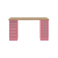 MultiDesk, 1 MultiDrawer mit 10 Schüben, 1 MultiDrawer mit 8 Schüben, Dekor natürliche Eiche, Farbe Orange, Maße: H 740 x B 1400 x T 600 mm