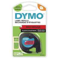 DYMO Oryginalne etykiety plastikowe LetraTag | Rolka 12 mm x 4 m | Czarny nadruk na czerwonych etykietach | Samoprzylepne etykiety uniwersalne do etykieciarek LetraTag