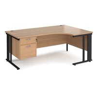 Maestro 25 right hand ergonomic desk 1800mm wide with 2 drawer pedestal - black cable managed leg frame, beech top