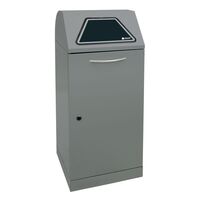 Recyclable waste container, manually operated access flap