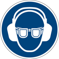Gebotszeichen "Gehör- und Augenschutz benutzen", Folie (0,1 mm), 200 mm, in Anlehnung ISO 7010, selbstklebend