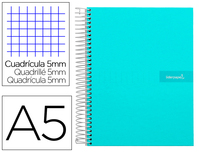 CUADERNO ESPIRAL LIDERPAPEL A5 MICRO CRAFTY TAPA FORRADA 120H 90 GR CUADRO 5MM 5 BANDAS6 TALADROS COLOR TURQUESA