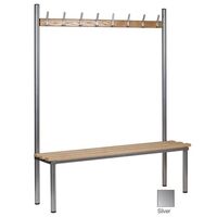 Club solo changing room bench, silver 1500mm wide x 400mm deep with 7 hooks