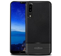 Szilikon telefonvédő (közepesen ütésálló, bőr hatású, szálcsiszolt) FEKETE [Huawei P20]