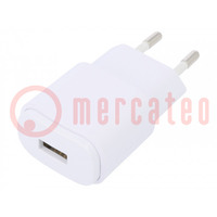 Power supply: switching; mains,plug; 5VDC; 1A; 5W; Plug: EU; Out: USB