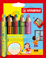 STABILO woody 3 in 1 duo, multifunctioneel kleurpotlood met tweekleurige punt- 5 stuks in kartonnen etui + puntenslijper