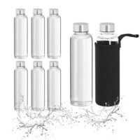 Relaxdays Trinkflasche mit Edelstahldeckel, 8er Set, 500 ml, Glasflasche mit Hülle, Borosilikatglas, transparent/schwarz