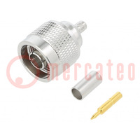 Plug; N; male; straight; 50Ω; crimped; for cable; PTFE; gold-plated