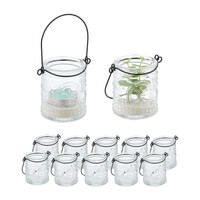 Relaxdays Windlicht, 12er Set, Glas mit Henkel, innen & außen, HxD: 7x6 cm, Hochzeit Teelichthalter, transparent/schwarz