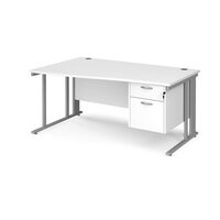 Maestro 25 left hand wave desk 1600mm wide with 2 drawer pedestal - silver cable managed leg frame, white top