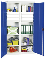 Werkzeug- und Materialschrank Serie 2000, 7035/5010, 6 Schubladen, Mitteltrennwand, 6 Fachböden