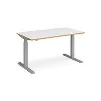 Elev8 Touch straight sit-stand desk 1400mm x 800mm - silver frame and white with oak edge top