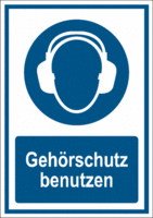 Kombischild - Gehörschutz benutzen, Blau, 18.5 x 13.1 cm, Kunststoff, Weiß