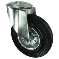 Pressed steel centre, rubber tyred wheel, single hole fixing - swivel