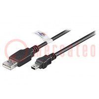 Kábel; USB 2.0; USB A dugó,USB B mini dugó; 1,8m; fekete; Ér: Cu