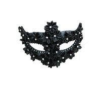 masque loup à  ornements petites fleurs et strass noir
