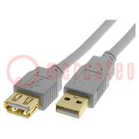 Kábel; USB 2.0; USB A aljzat,USB A dugó; aranyozott; 3m; szürke