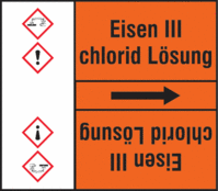 Rohrmarkierungsband mit Gefahrenpiktogramm - Eisen III chlorid Lösung, Orange