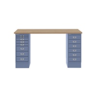 MultiDesk, 1 MultiDrawer mit 6 Schüben, 1 MultiDrawer mit 8 Schüben, Dekor natürliche Eiche, Farbe Blau, Maße: H 740 x B 1400 x T 600 mm