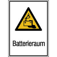 Batterieraum Warnschild, selbstkl. Folie , Größe 13,10x18,50cm DIN EN ISO 7010 W026 + Zusatztext ASR A1.3 W026 + Zusatztext