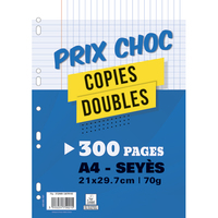 Lot de 300 pages copies doubles grand format A4 grands carreaux Seyès 70g perforées