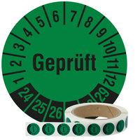 Prüfplaketten 20 mm, Geprüft, 2024-2029, Polyethylen schwarz-grün, 1.000 Prüfetiketten auf Rolle