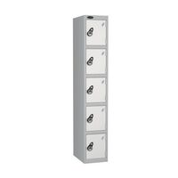 Probe keyless coloured lockers with combination lock, silver body, 5 white doors, 460mm depth