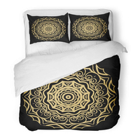 ENSEMBLE DE HOUSSE DE COUETTE 3 PIÈCES EN TISSU MICROFIBRE BROSSÉ RESPIRANT JAUNE ABSTRAIT OR COULEUR MANDALA ROND SUR NOIR POUR