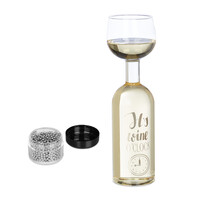 Relaxdays Weinflasche Glas, Weinglas auf Flasche, 750 ml, mit Reinigungsperlen, lustiges Weinflaschenglas, transparent
