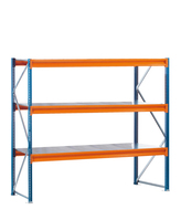 GR, Weitspannregal mit Stahlpaneelen W 100, 2000 x 2500 x 600 mm, blau/orange/verzinkt, 3 Ebenen, Fachlast 820 kg