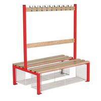 Childrens double sided cloakroom bench with shoe tray, 1500mm wide, red frame